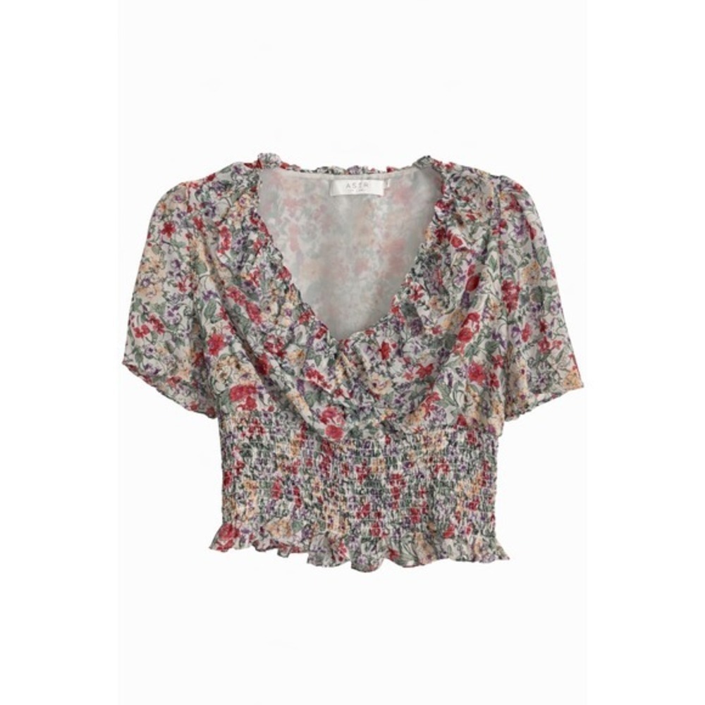 ASTR The Label $88 Ivory Coral Floral V-Neck Flutter Sleeve Smocked Top Small